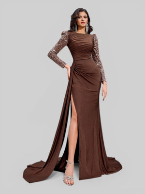 Vestido de Festa Manga Longa Paetê com Cauda Assimétrica - Aurea Dress