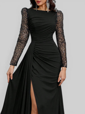 Vestido de Festa Manga Longa Paetê com Cauda Assimétrica - Aurea Dress
