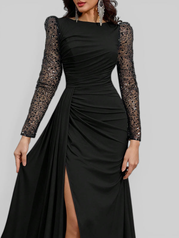 Vestido de Festa Manga Longa Paetê com Cauda Assimétrica - Aurea Dress