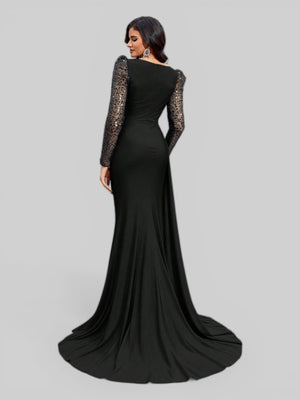 Vestido de Festa Manga Longa Paetê com Cauda Assimétrica - Aurea Dress