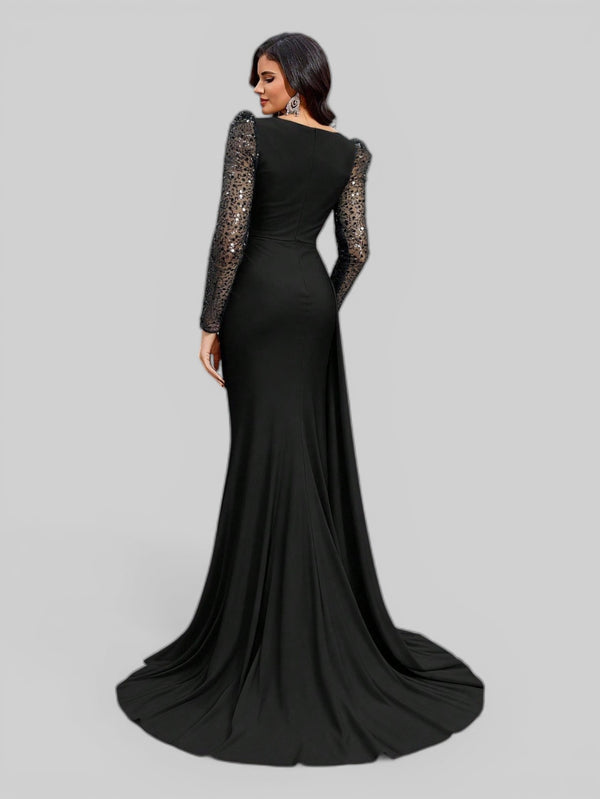 Vestido de Festa Manga Longa Paetê com Cauda Assimétrica - Aurea Dress