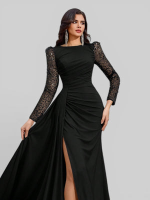 Vestido de Festa Manga Longa Paetê com Cauda Assimétrica - Aurea Dress