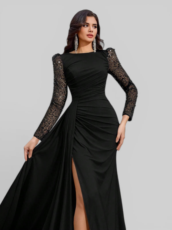 Vestido de Festa Manga Longa Paetê com Cauda Assimétrica - Aurea Dress