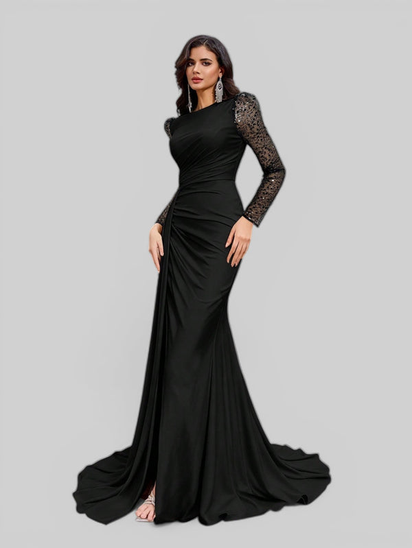Vestido de Festa Manga Longa Paetê com Cauda Assimétrica - Aurea Dress
