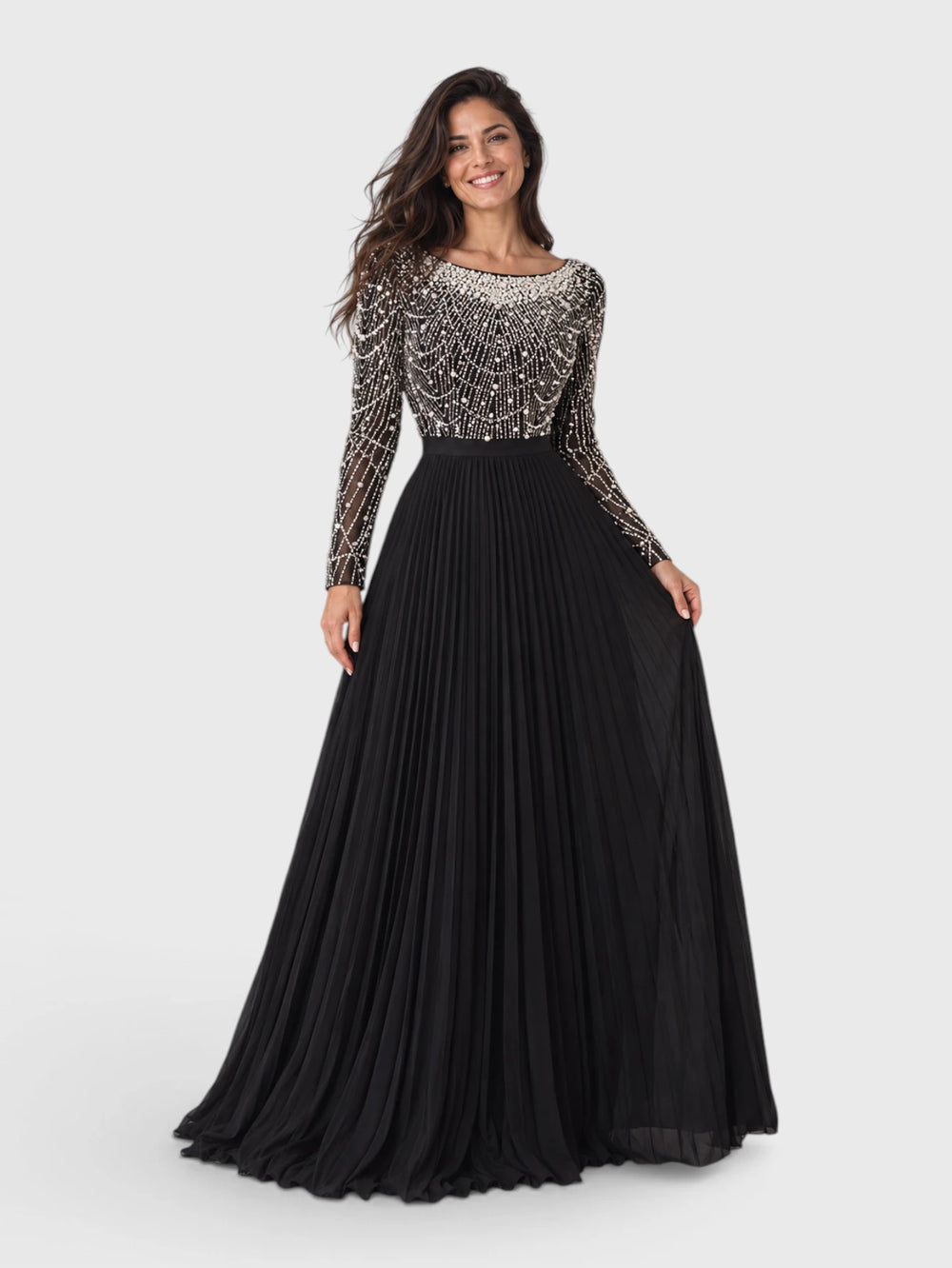 Vestido de Festa Manga Longa Premium Bordado e Pérolas Navaz