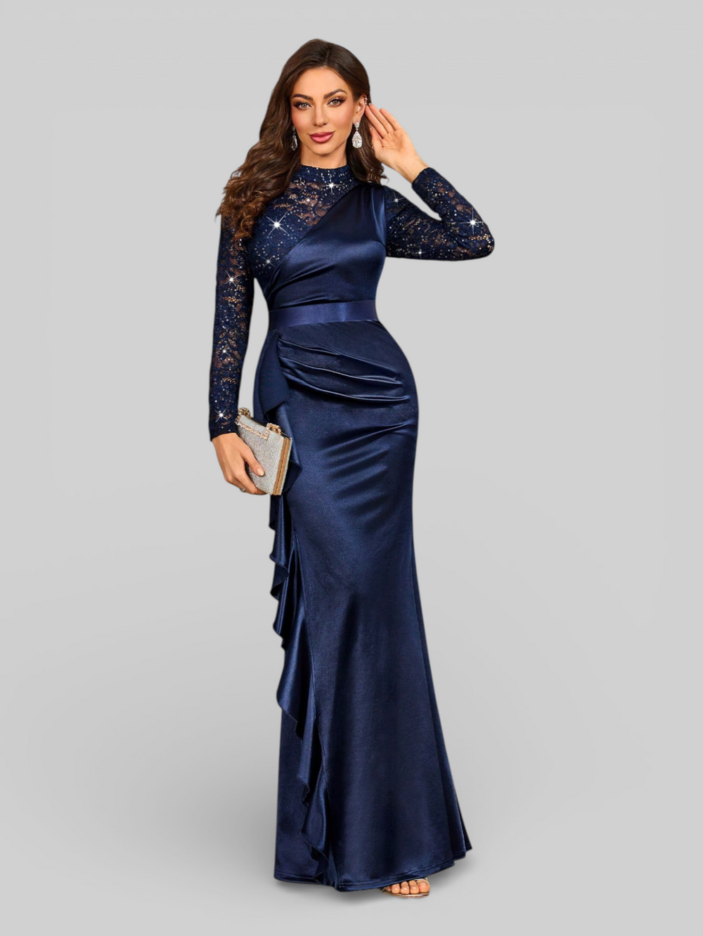 Vestido de Festa Manga Longa Rendas Helo