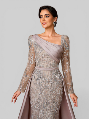 Vestido de Festa Manga Longa Super Luxo Paetê Assimétrico
