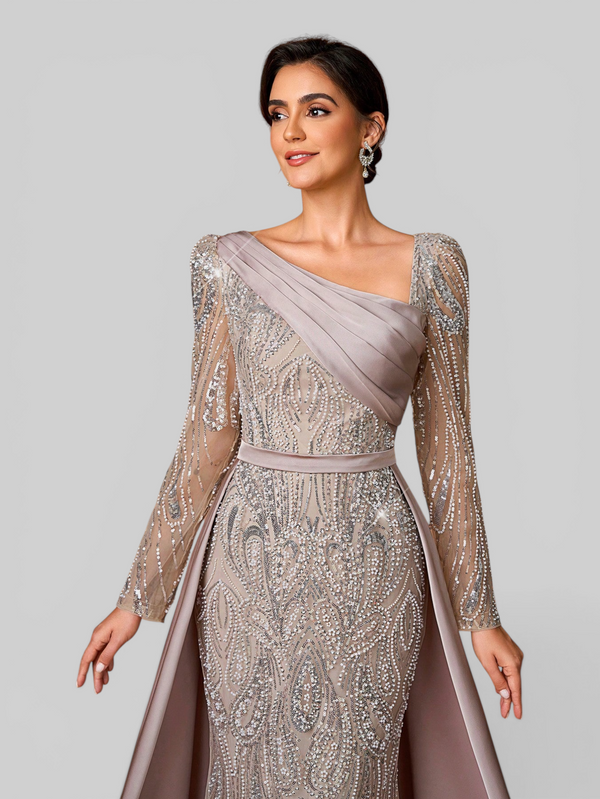 Vestido de Festa Manga Longa Super Luxo Paetê Assimétrico