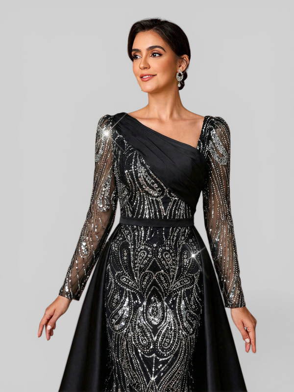 Vestido de Festa Manga Longa Super Luxo Paetê Assimétrico