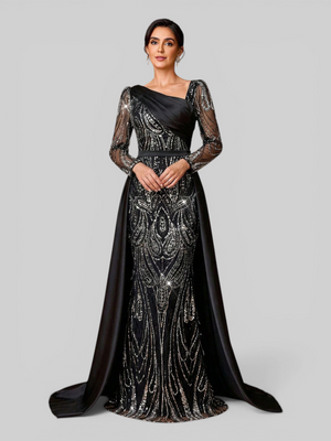 Vestido de Festa Manga Longa Super Luxo Paetê Assimétrico