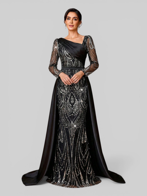 Vestido de Festa Manga Longa Super Luxo Paetê Assimétrico