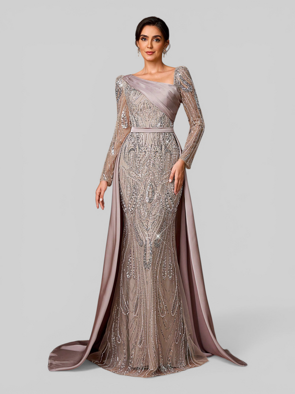 Vestido de Festa Manga Longa Super Luxo Paetê Assimétrico