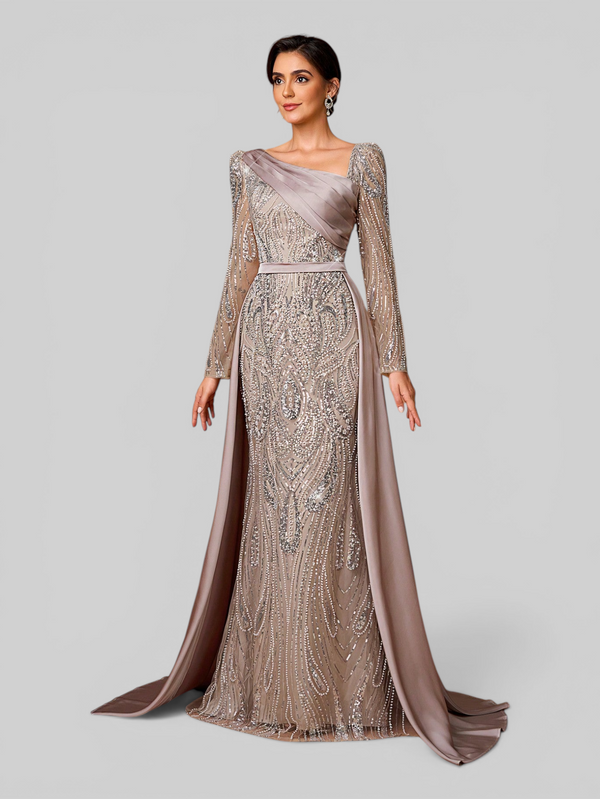 Vestido de Festa Manga Longa Super Luxo Paetê Assimétrico