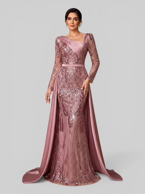 Vestido de Festa Manga Longa Super Luxo Paetê Assimétrico