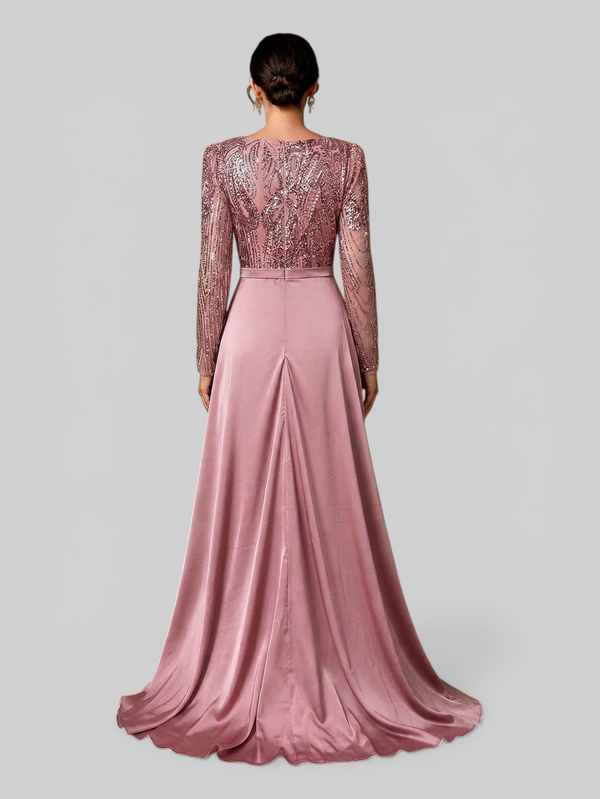 Vestido de Festa Manga Longa Super Luxo Paetê Assimétrico