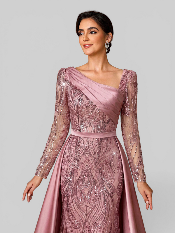 Vestido de Festa Manga Longa Super Luxo Paetê Assimétrico