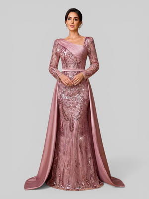 Vestido de Festa Manga Longa Super Luxo Paetê Assimétrico