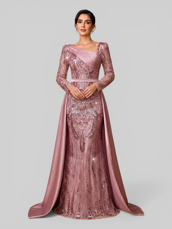 Vestido de Festa Manga Longa Super Luxo Paetê Assimétrico