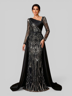 Vestido de Festa Manga Longa Super Luxo Paetê Assimétrico