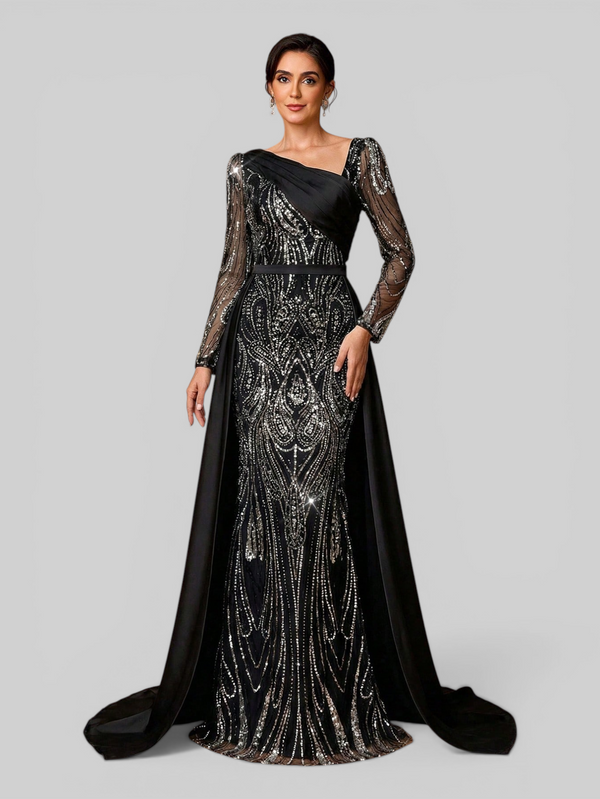 Vestido de Festa Manga Longa Super Luxo Paetê Assimétrico