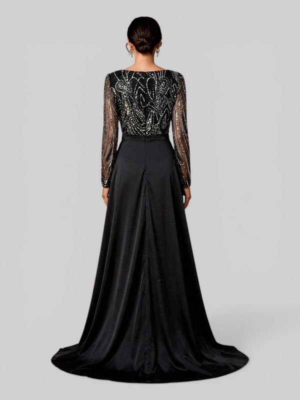 Vestido de Festa Manga Longa Super Luxo Paetê Assimétrico