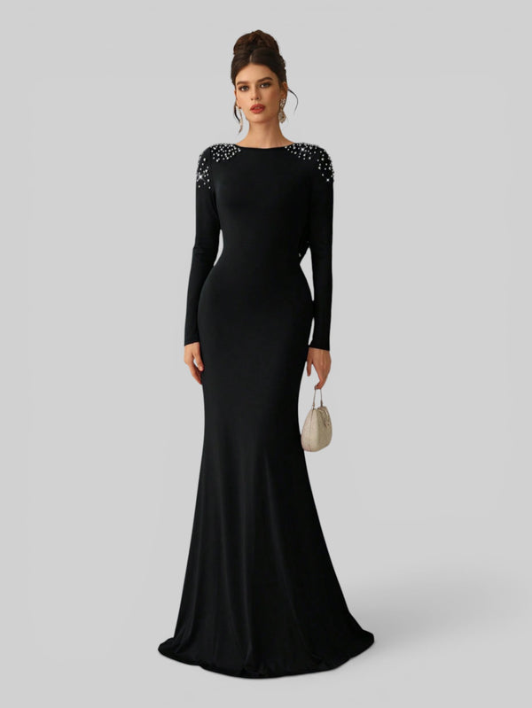 Vestido de Festa Manga Longa com Pérolas Cinthia