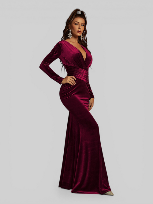Vestido de Festa Manga Longa decote V profundo Veludo