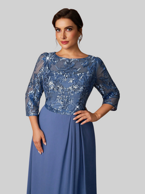 Vestido de Festa Plus Size Manga Longa Bordado e Paetê Pequim