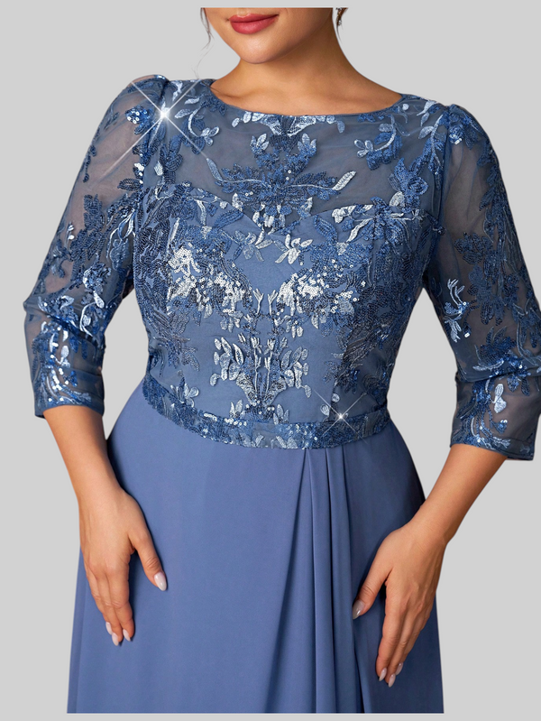 Vestido de Festa Plus Size Manga Longa Bordado e Paetê Pequim