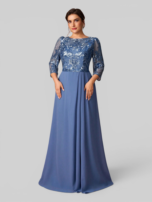 Vestido de Festa Plus Size Manga Longa Bordado e Paetê Pequim