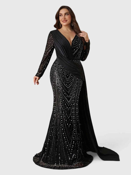 Vestido de Festa Plus Size Manga Longa Luxo com Cauda Eleonora
