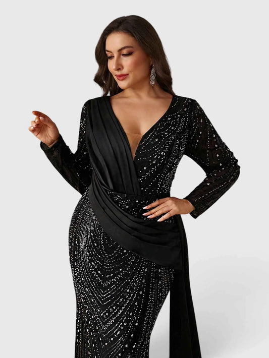 Vestido de Festa Plus Size Manga Longa Luxo com Cauda Eleonora