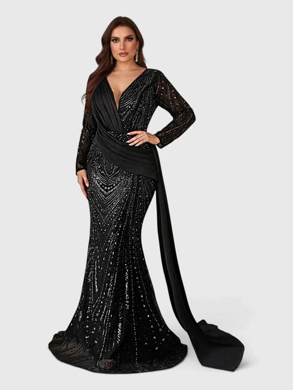 Vestido de Festa Plus Size Manga Longa Luxo com Cauda Eleonora