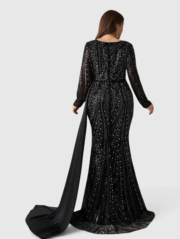 Vestido de Festa Plus Size Manga Longa Luxo com Cauda Eleonora