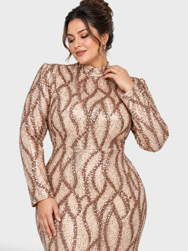 Vestido de Festa Plus Size Manga Longa Paetê Premium Alabama