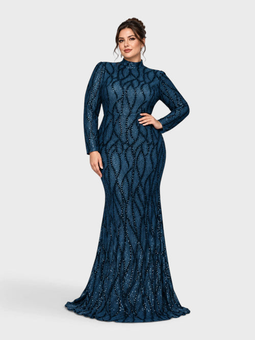 Vestido de Festa Plus Size Manga Longa Paetê Premium Alabama