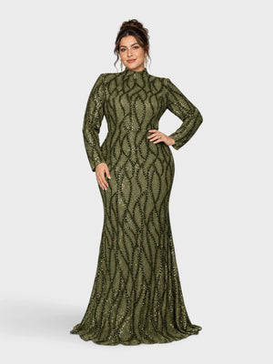 Vestido de Festa Plus Size Manga Longa Paetê Premium Alabama