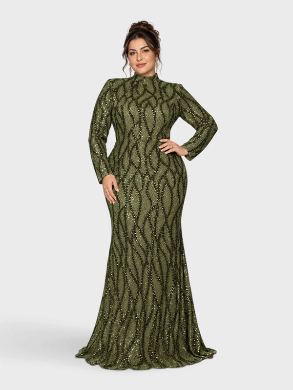 Vestido de Festa Plus Size Manga Longa Paetê Premium Alabama