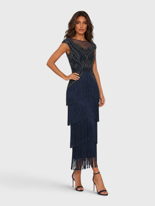 Vestido de Festa Premium Bordado com Franjas Mercedez