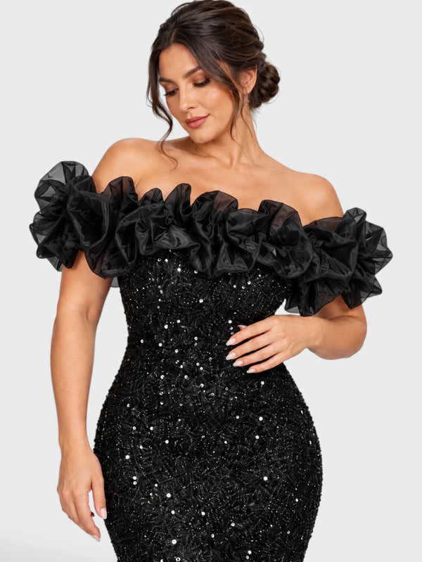 Vestido de Festa Sereia Ombro a Ombro Paetê Flowers Filadélfia