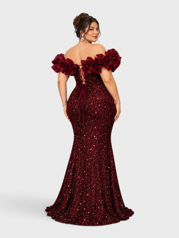 Vestido de Festa Sereia Ombro a Ombro Paetê Flowers Filadélfia