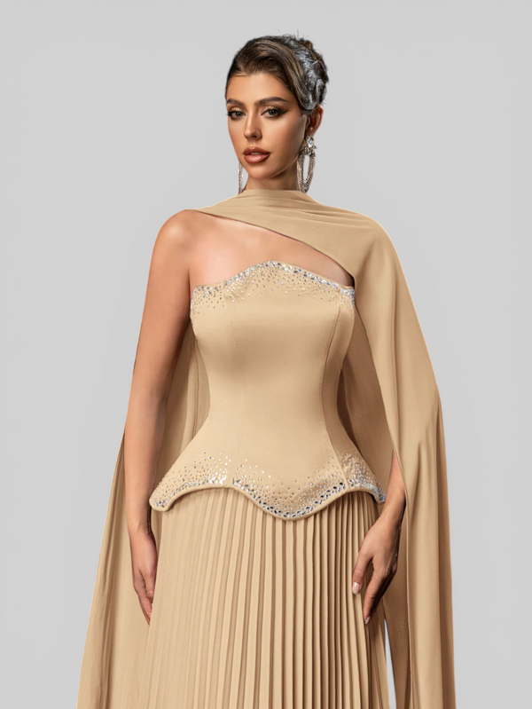 Vestido de Festa Super Luxo Plissado com Capa Removivél