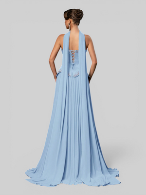 Vestido de Festa Super Luxo Plissado com Capa Removivél