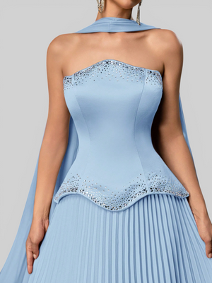 Vestido de Festa Super Luxo Plissado com Capa Removivél