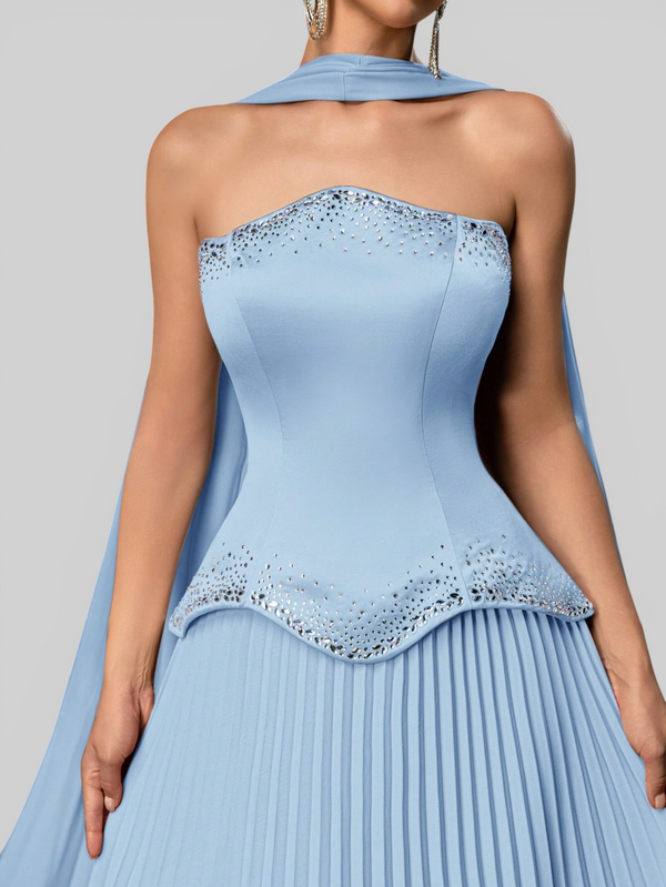 Vestido de Festa Super Luxo Plissado com Capa Removivél