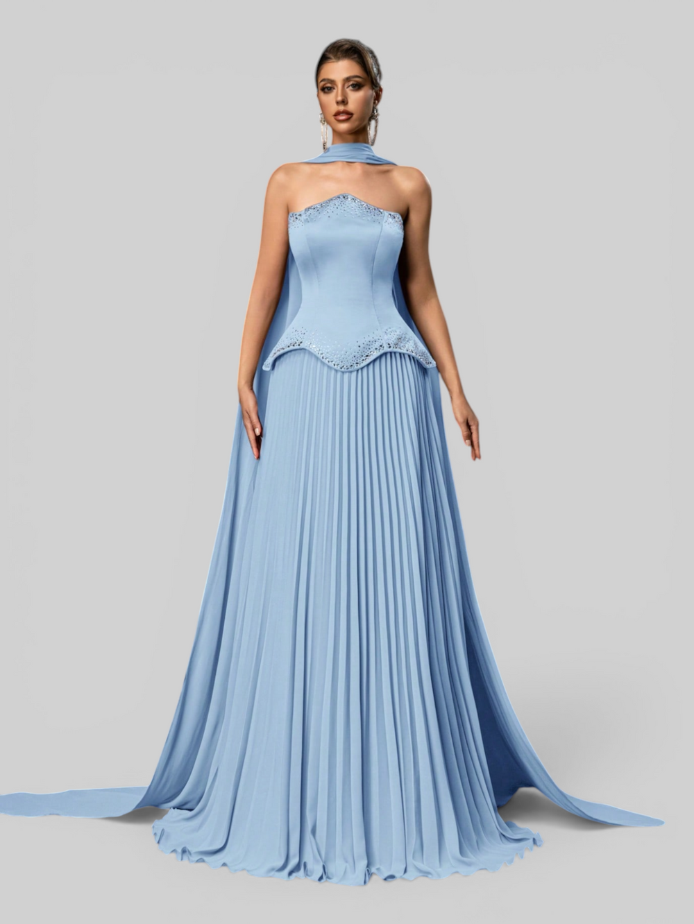 Vestido de Festa Super Luxo Plissado com Capa Removivél
