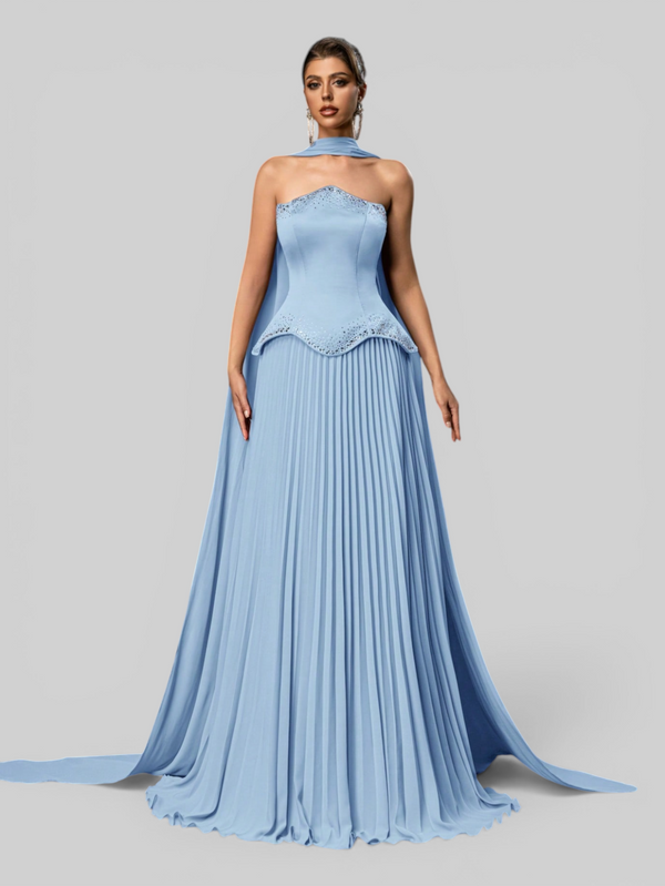 Vestido de Festa Super Luxo Plissado com Capa Removivél