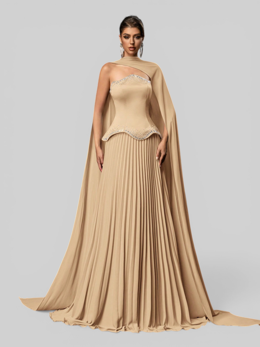 Vestido de Festa Super Luxo Plissado com Capa Removivél