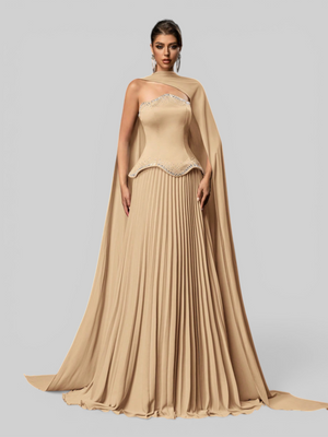 Vestido de Festa Super Luxo Plissado com Capa Removivél
