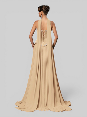 Vestido de Festa Super Luxo Plissado com Capa Removivél
